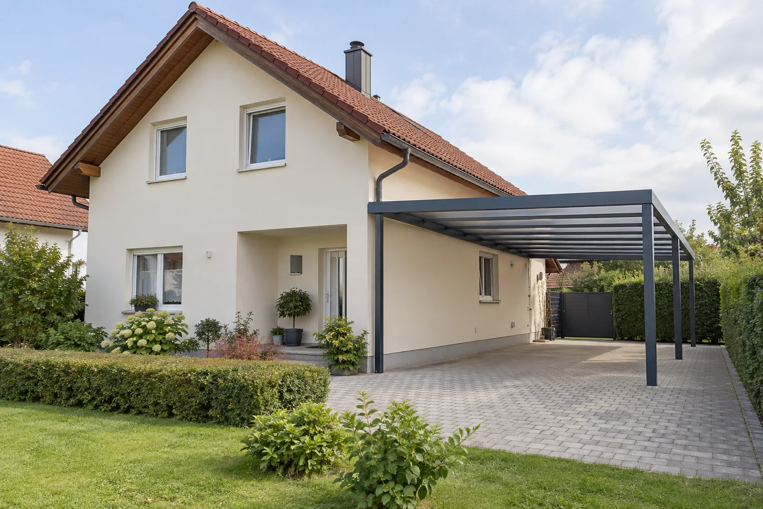 The same house with a steel carport over the driveway